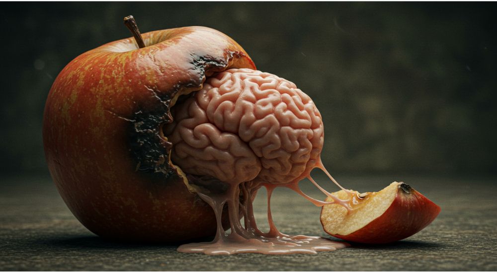 Foto manipulada em estilo realista de uma maçã com cérebro no interior, metáfora visual de conhecimento podre ou decadência mental.