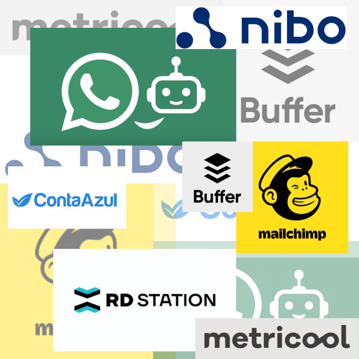 Logos de ferramentas de automação para negócios, incluindo WhatsApp Chatbot, Mailchimp, Buffer, RD Station, Metricool, Nibo e ContaAzul