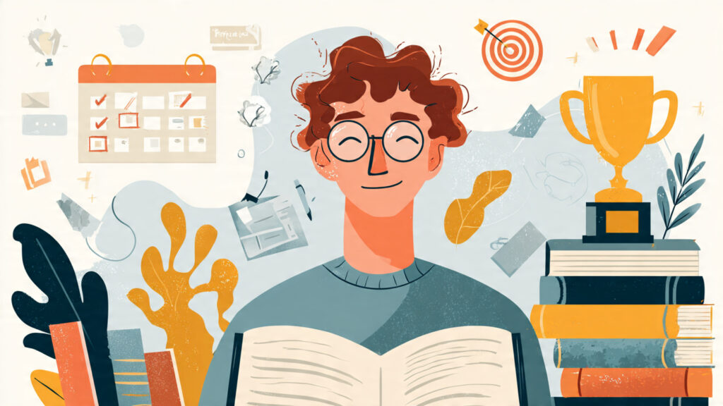 Ilustração de uma pessoa enfrentando o medo de falhar, com dicas práticas ao redor: um calendário com metas, uma figura de apoio ao lado, um livro de conhecimento aberto, um troféu comemorativo e um sorriso de confiança, estilo ilustração positiva e motivadora.