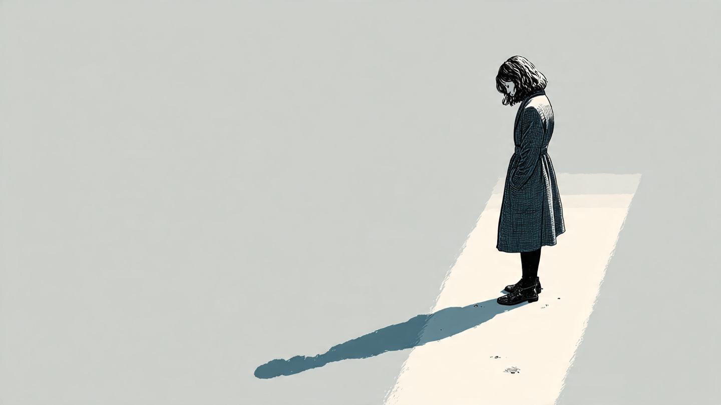 medo-de-falhar. Uma ilustração de uma menina olhando para sua sombra no chão num momento de hesitação