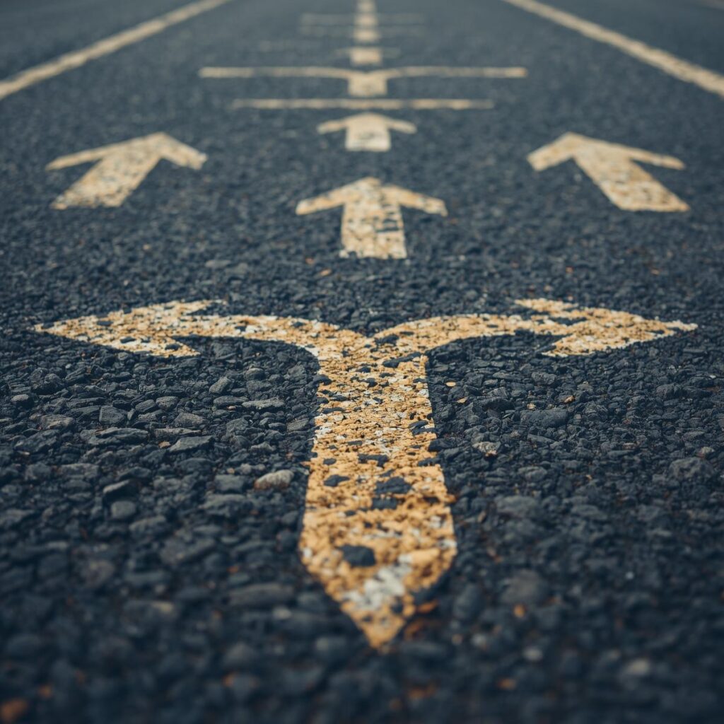 Uma estrada com várias placas apontando em direções diferentes → simbolizando falta de foco.