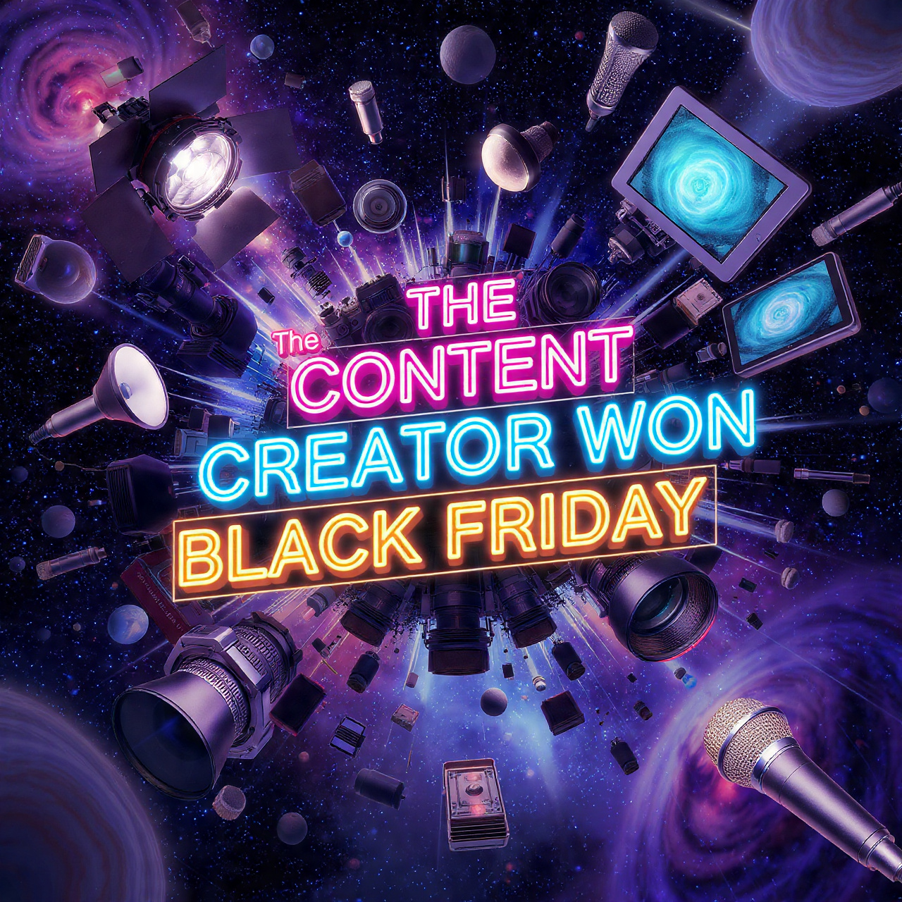 black-friday-criador-de-coteúdo. Uma explosão de equipamentos de criação de conteúdo voando em direção à câmera como se fosse um universo paralelo da Black Friday. Câmeras, luzes, microfones e tablets orbitando como planetas, com uma faixa brilhante no centro escrito ‘O Criador de Conteúdo Venceu a Black Friday’. Estilo surrealista divertido, neon, hyper-detalhado, vibes de multiverso criativo.