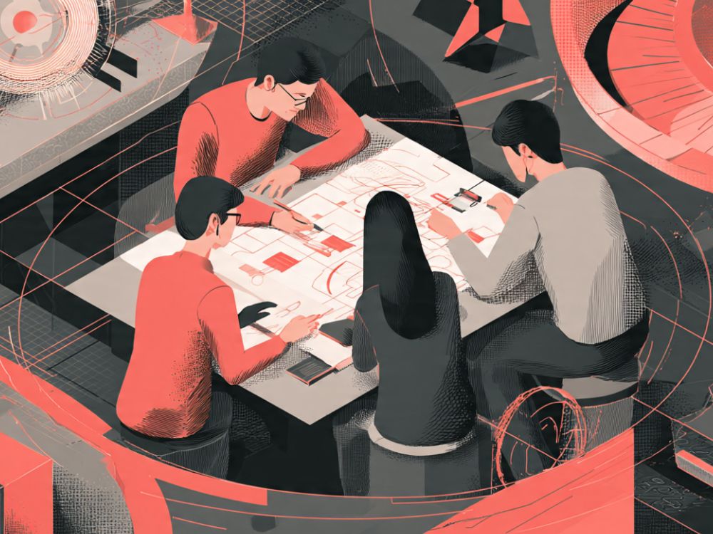 como-criar-um-negocio-do-zero. Uma ilustração de pessoas ao redor de um mesa com papéis criando um projeto