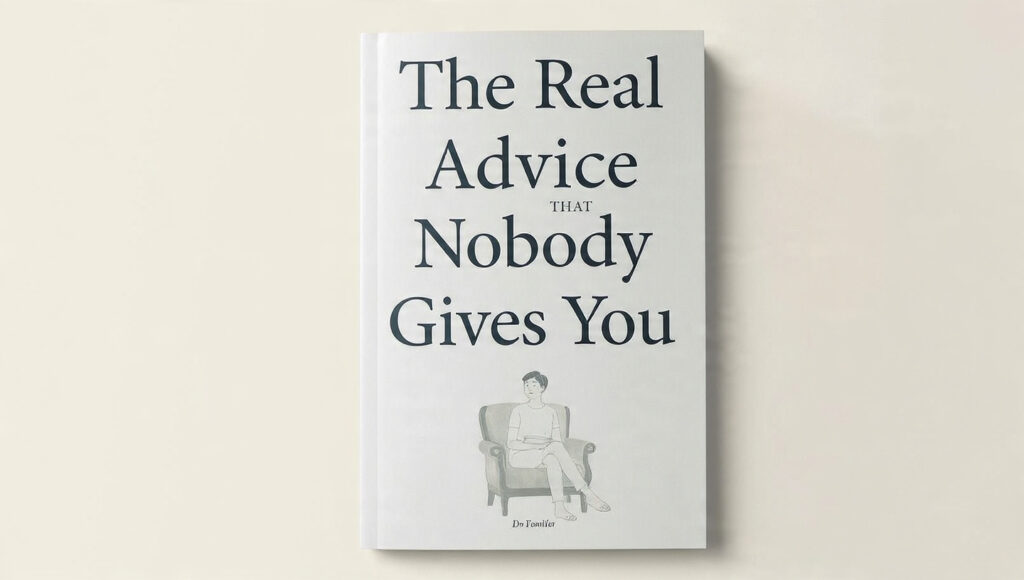 piores-conselhos-sobre-empreender. Uma foto de um livro com capa dura. Cujo título está em inglês "The real advice that nobody gives you".
Possui  uma ilustração de uma pessoa sentada um uma poltrona