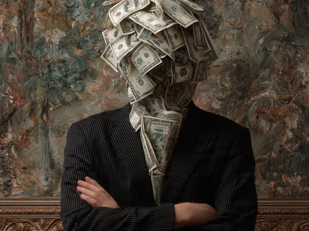 piores-conselhos-sobre-empreender-pessoas-com-muito-dinherio. Um homem de terno com os braços cruzados, sendo que sua cabeça e seu tronco são feito de notas de dinheiro