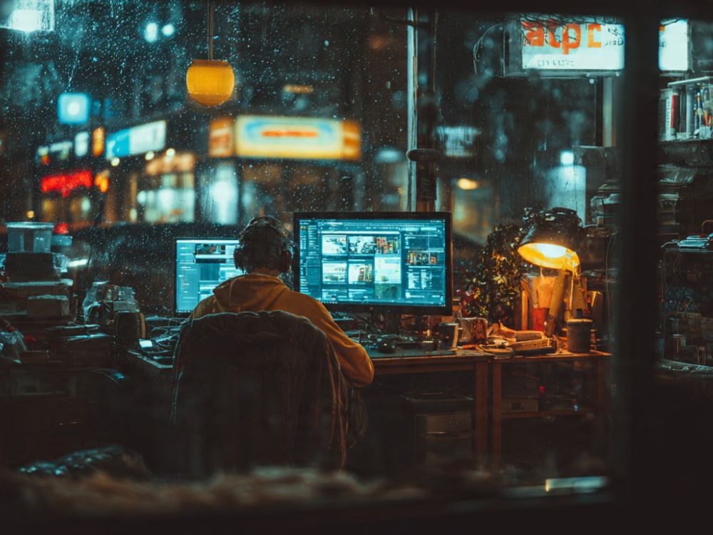 piores-conselhos-sobre-empreender-trabalhando24h. Um homem trabalhando numa mesa com dois monitores ligados com uma mesa lotada e uma luz de abajur