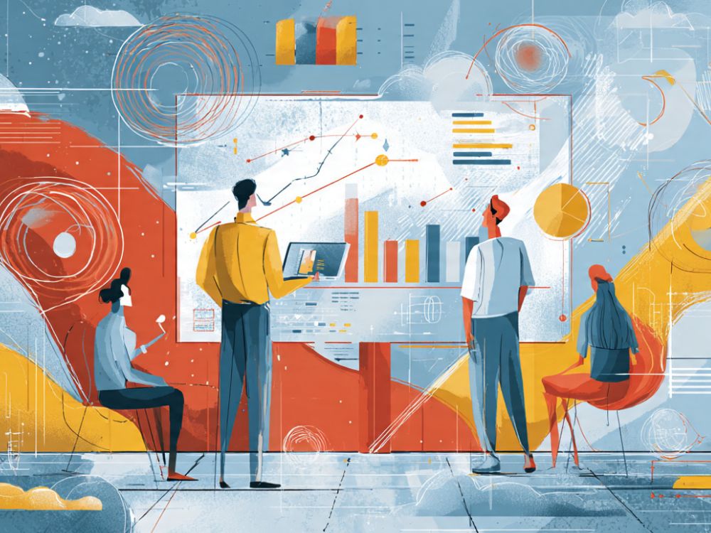 trafego & psicologia. Uma ilustração com pessoas diante de um quadro analisando um gráfico