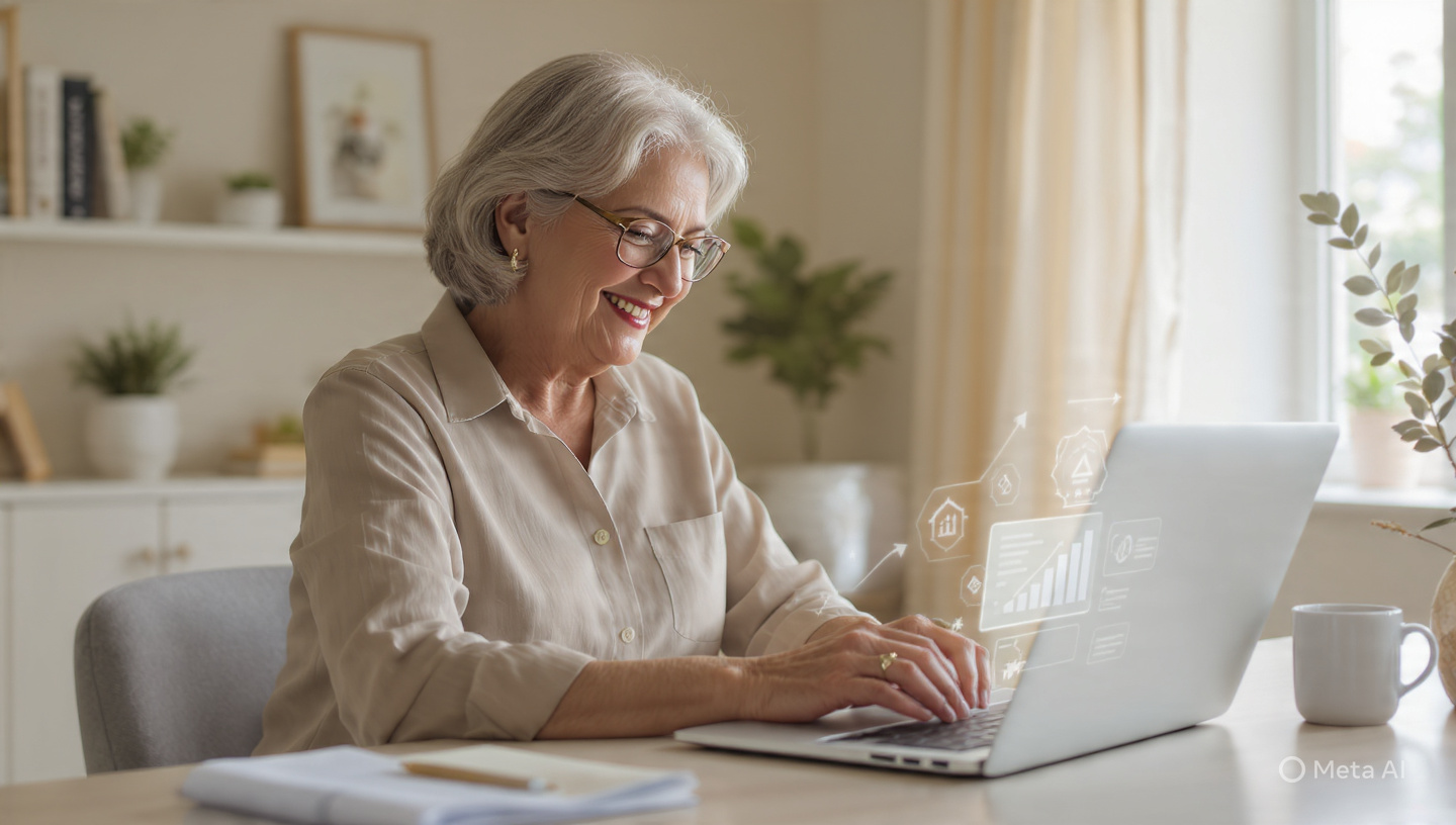 Uma pessoa de aproximadamente 60-70 anos, elegante e confiante, trabalhando em um laptop moderno em um ambiente iluminado e acolhedor (home office sofisticado). Expressão de foco e satisfação, transmitindo propósito e independência.