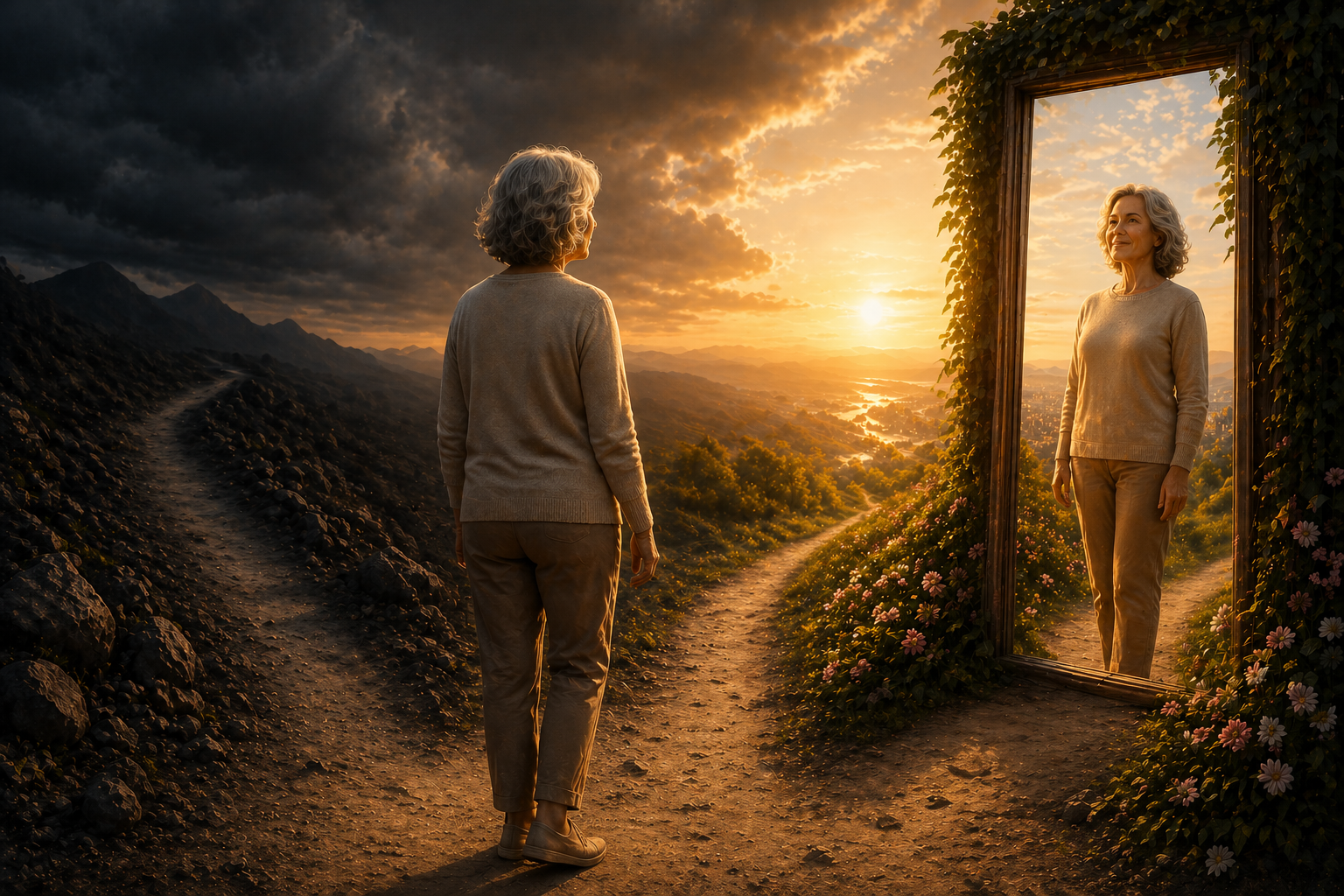 A imagem retrata uma cena simbólica e emocionalmente poderosa, com forte contraste entre dois caminhos da vida.