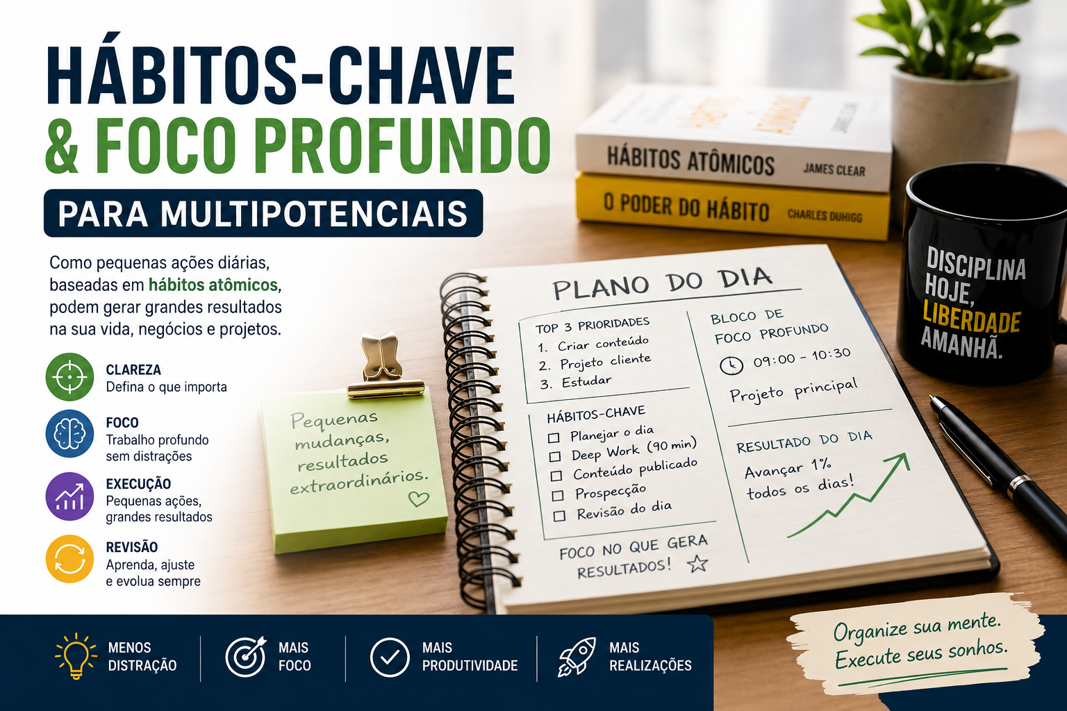 A imagem mostra um ambiente moderno de produtividade, com um caderno aberto exibindo o planejamento do dia, livros sobre hábitos ao fundo, uma xícara com frase motivacional e elementos visuais que destacam foco, clareza e execução, transmitindo a ideia de que pequenas ações organizadas podem gerar grandes resultados.