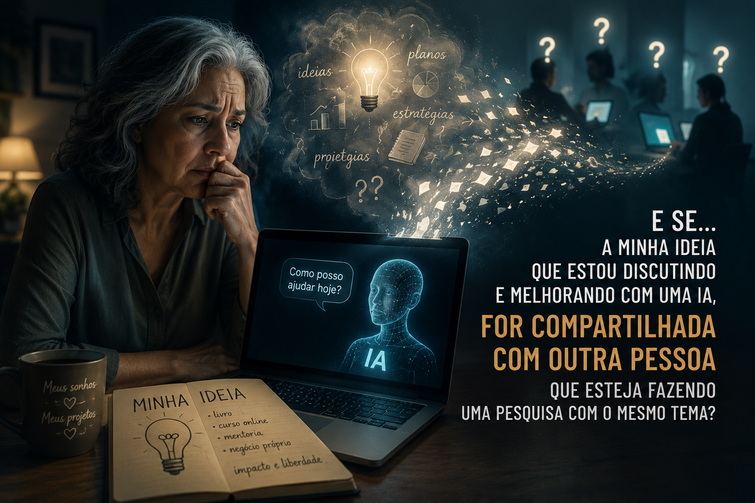 Uma mulher observa, com expressão de preocupação, a tela do computador enquanto ideias e projetos parecem escapar do notebook em direção a outras pessoas, simbolizando o medo de que suas criações desenvolvidas com Inteligência Artificial possam ser compartilhadas.