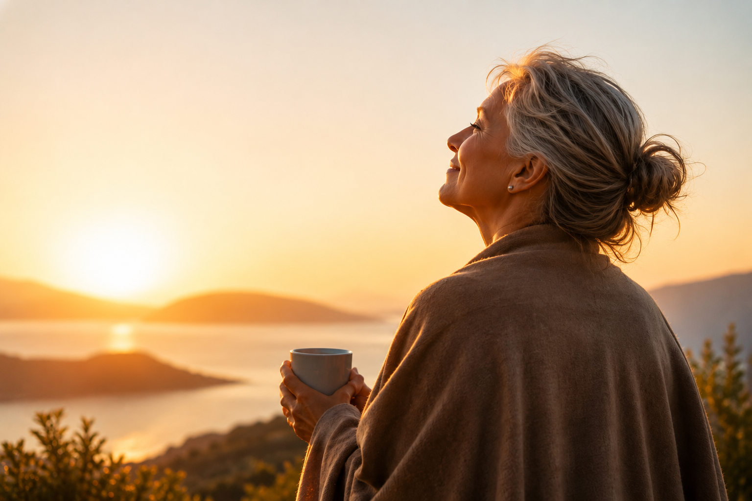 mulher sorrindo admirando o amanhecer l com uma xícara na mão