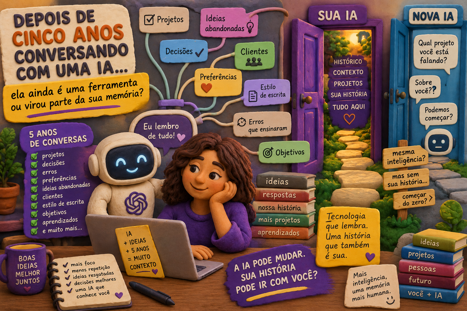 Ilustração em estilo modelagem de massinha que representa a relação construída entre uma pessoa e sua inteligência artificial ao longo do tempo. Uma mulher trabalha ao lado de um assistente de IA cercada por elementos que simbolizam cinco anos de contexto acumulado, como projetos, decisões, clientes, preferências, erros, aprendizados, objetivos e ideias abandonadas.Ao fundo, duas portas contrastam essa relação: uma representa a IA atual, carregada de histórico e contexto, enquanto a outra simboliza uma nova IA que ainda não conhece a trajetória da usuária. A cena traduz visualmente a pergunta central do artigo: depois de anos de conversas e experiências compartilhadas, a IA continua sendo apenas uma ferramenta ou passa a funcionar como parte da nossa memória?
